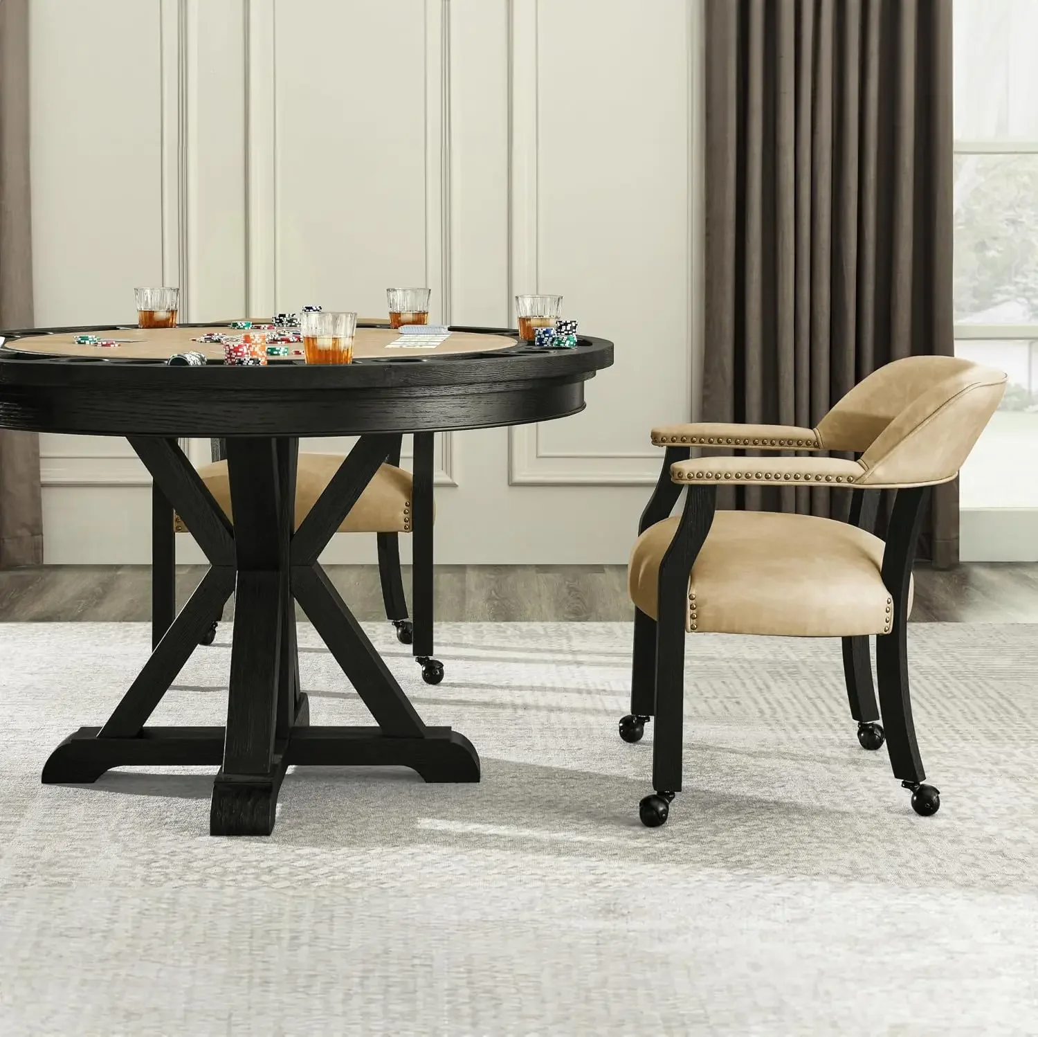 6pc Folding Game Table Set w/ Trestle Base, 4 Leather Chairs, Cupholders, Poker Table, 48