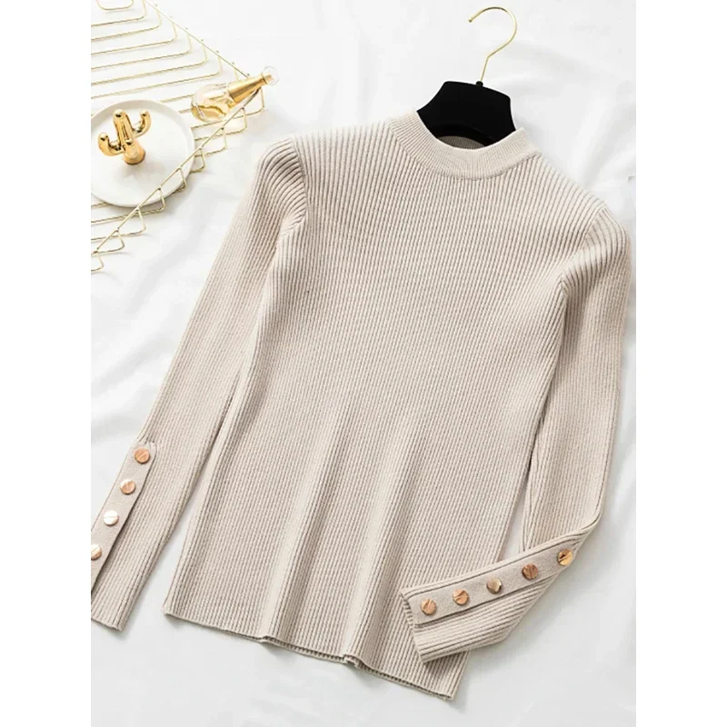 Casual autumn winter women thick pullover pullovers button long sleeve o neck chic sweater female slim knitted soft jumper tops