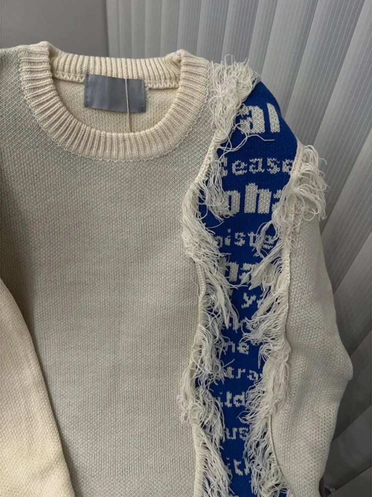 

Ретро-свитер в американском стиле с эффектом потертости и пэчворком, круглый вырез, женский, осенне-зимний, теплый, свободный крой, универсальный, для пар, вязаный.