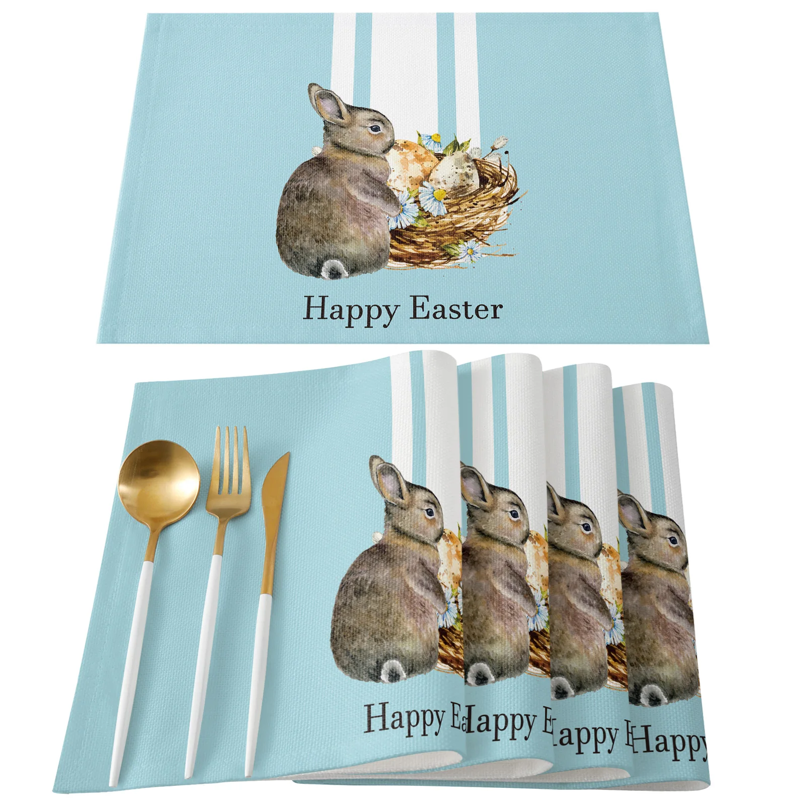 Easter Stripes Bunny Egg Bird Nest Blue Table Runner for Dining Table Wedding Party Tablecloths Table Mats Easter Decorations