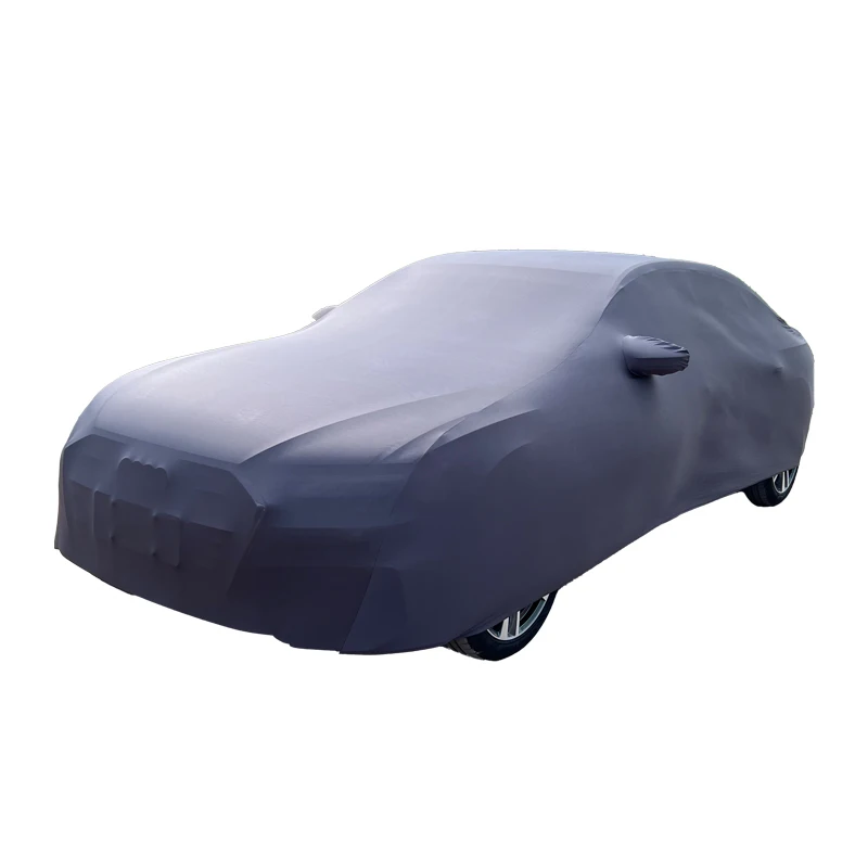 

High Quality Portable Indoor Scratchproof Anti-dust Black Satin Surface Luxury Stretch Car Cover With Soft Fleece