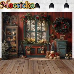 Mocsicka Background for Christmas Photography Red Wooden Wall Toy Bear Window Backdrop Decor Kids Newborn Winter Photo Studio