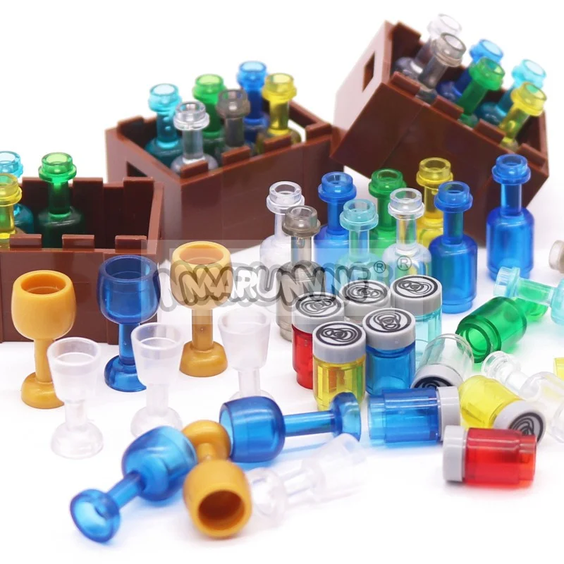 MARUMINE 87PCS MOC Klocki konstrukcyjne Akcesoria Butelka wina Szklane napoje Drewniane pudełko Widok ulicy Miasto Bar Pirat DIY Model klocków