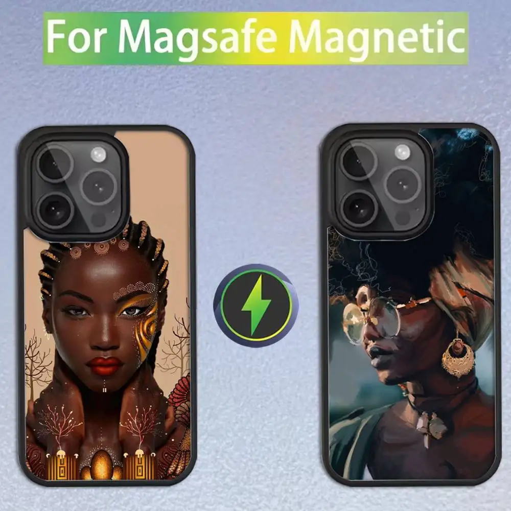 

Colorful Art African Girl Black Phone Case For iPhone 16,15,14,13,12,11,Pro,Max,Plus,Mini,SE Magsafe Magnetic Wireless Charging