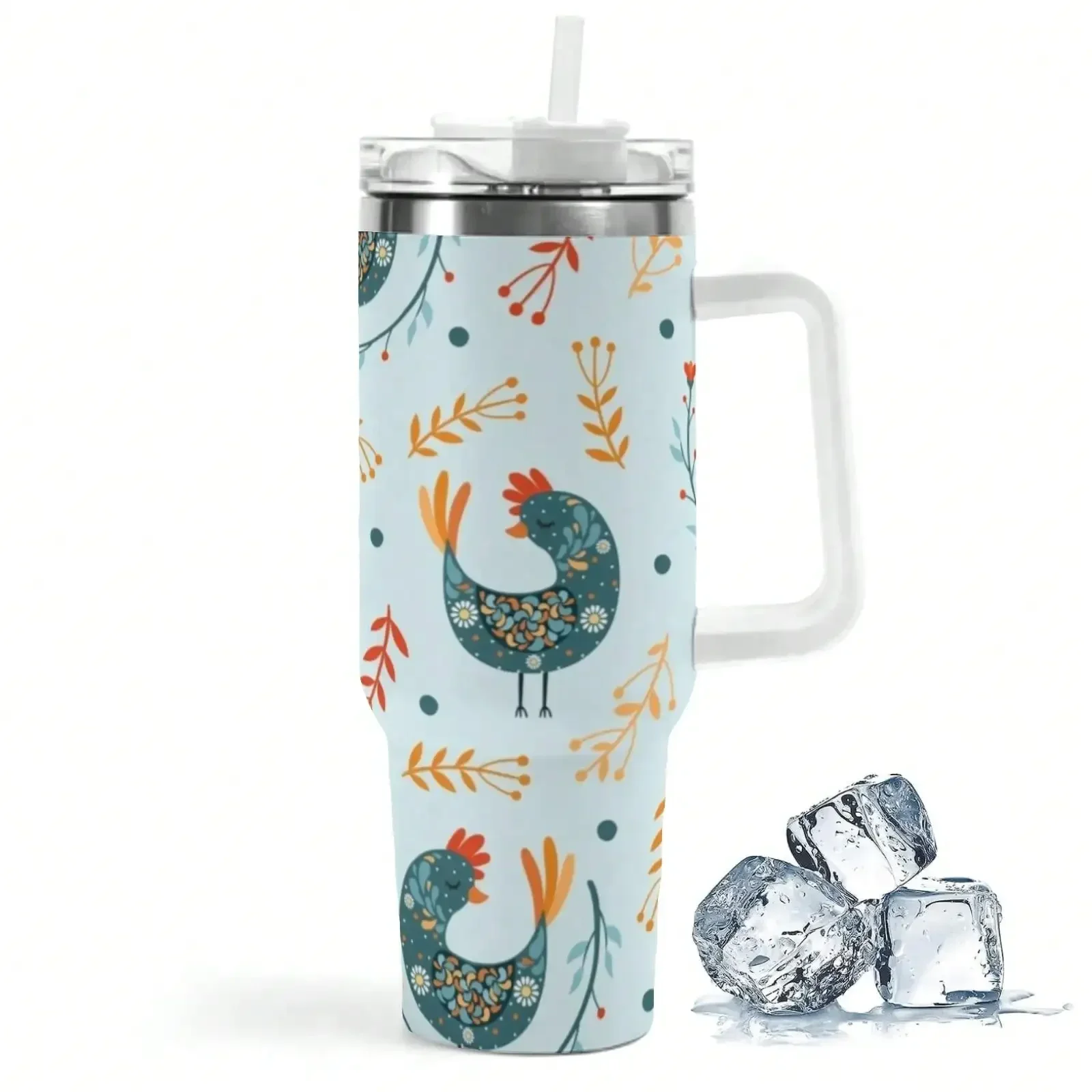 Light Blue Folk Chicken Floral Print 40oz Insulated Tumbler Stainless Steel Travel Cup With White Handle Straw Lid