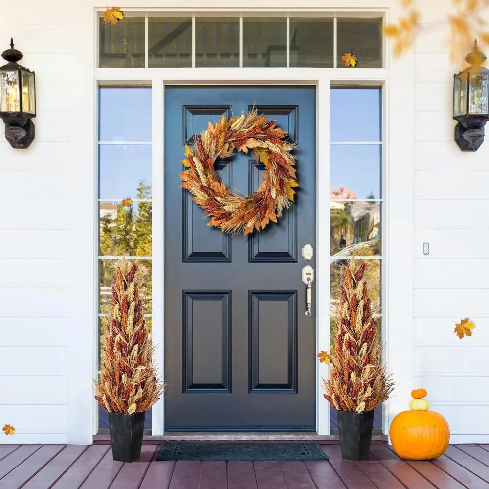 인공 수수 나무, 38인치 높이 가을 수확 장식, 검은색 화분, 실내 및 실외 계절 장식에 적합