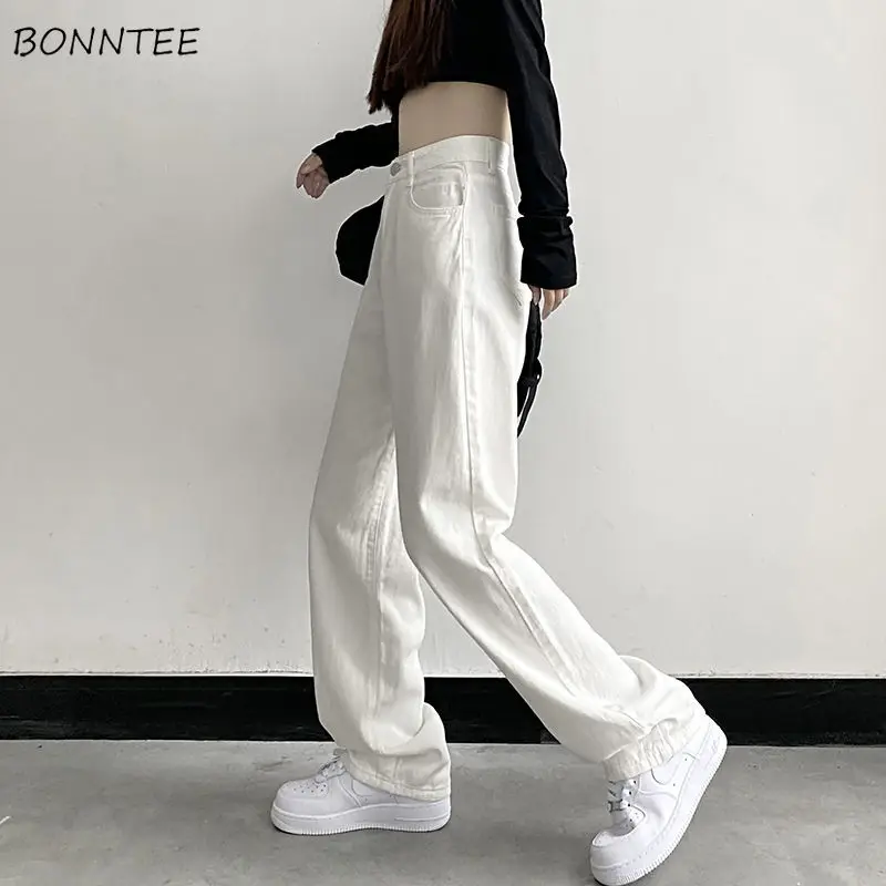 Jeans sólido minimalista feminino, vintage básico lavado, roupa da moda coreana, streetwear solto, casual universitário Y2K, novo, primavera, Ulzzang