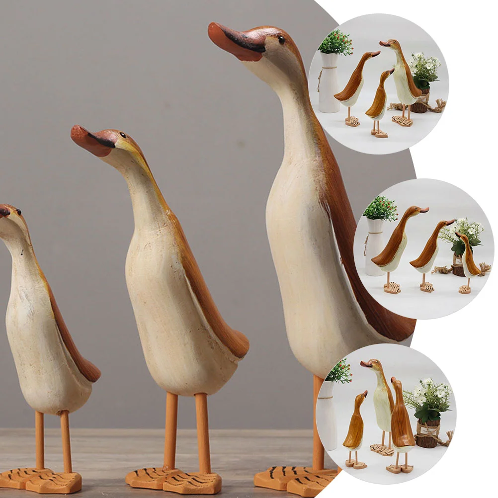 3 Pcs Home Decoration Lovely Figurine Shaped Duck Animal Statue Wood Wooden Desktop Sculpture