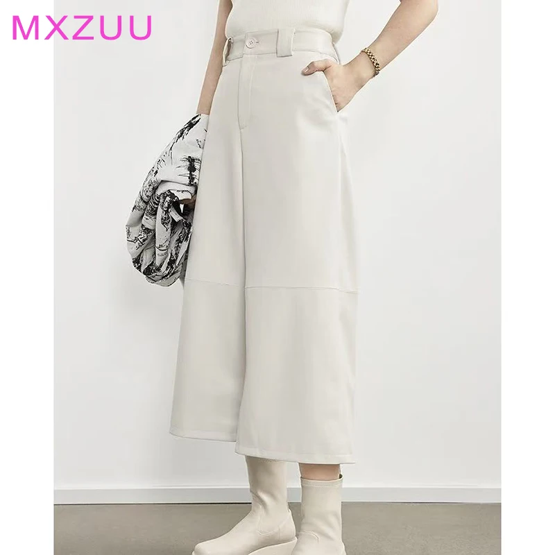 

Leather Pants Women Office Chic Versatile Loose Wide Leg Pantalones De Mujer Real Sheepskin Slim Black/White Cropped Trousers