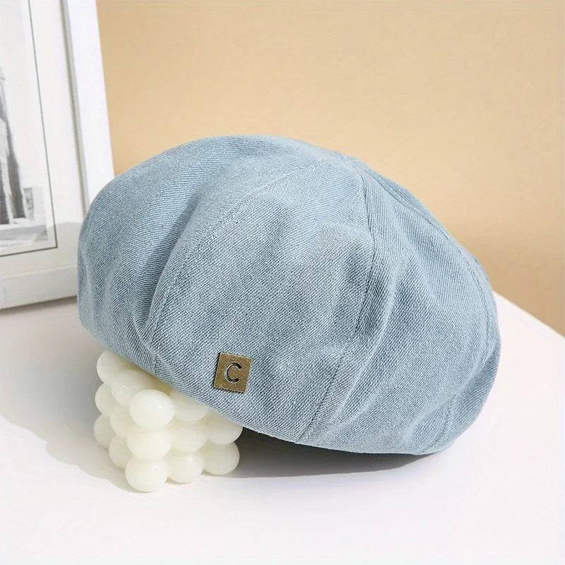 

Women's Vintage Washed Denim Octagonal Sun Hat Brimless Beret Cap with Metal Decoration for Outdoor Leisure Spring