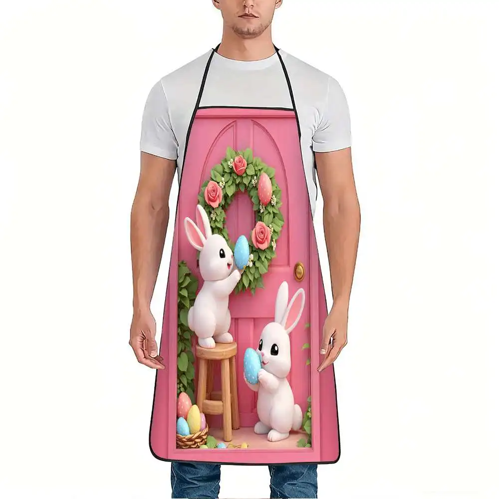 1pc Bunny & Egg Wreath Apron with Adjustable Waistband - Cute Easter Bunny & Egg Print, Durable Easy-Clean Polyester Apron Suita