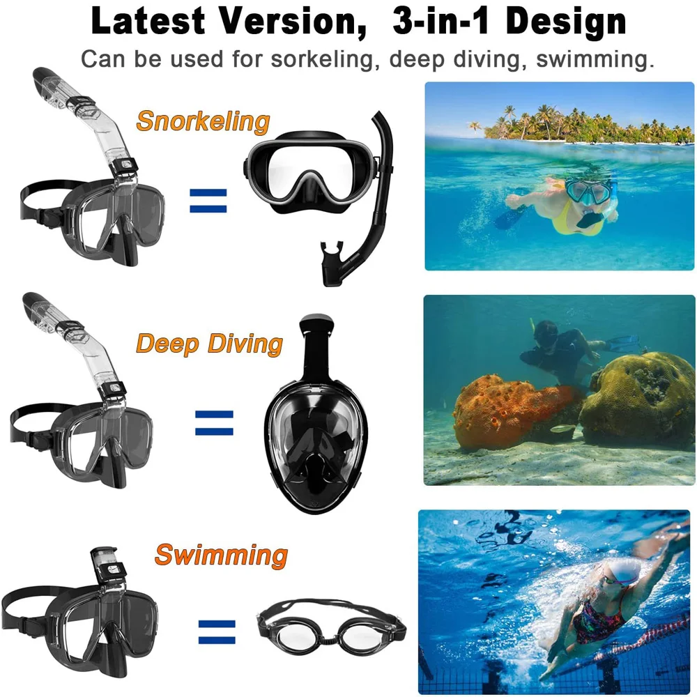 Diving Mask Foldable Anti-Fog Snorkel Mask Set with Full Dry Top System for Free Swim Professional Snorkeling Gear Adults Kids