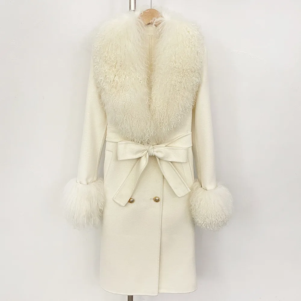 حار مبيعات النساء الكشمير معطف الصوف الحقيقي الأغنام المنغولية الفراء طوق كم الفراء سترة السيدات الخريف الشتاء أزياء طويلة أبلى