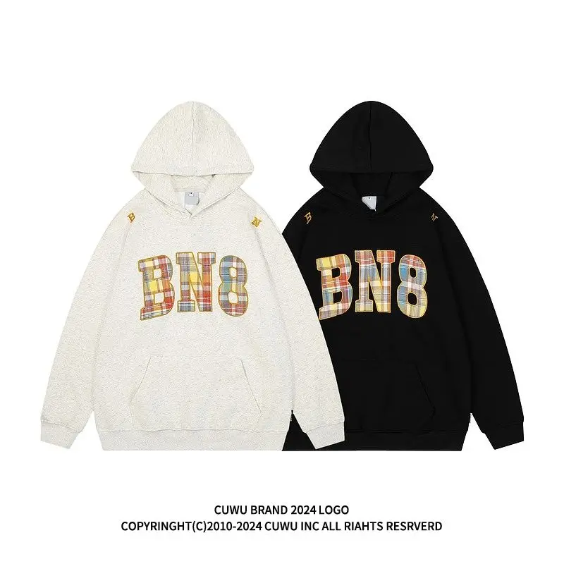 

Cuwu American Retro Plaid Embroidered Hooded Sweater Women's Spring and Autumn Loose Lazy Style Couple Hoodie Anime Hoodie