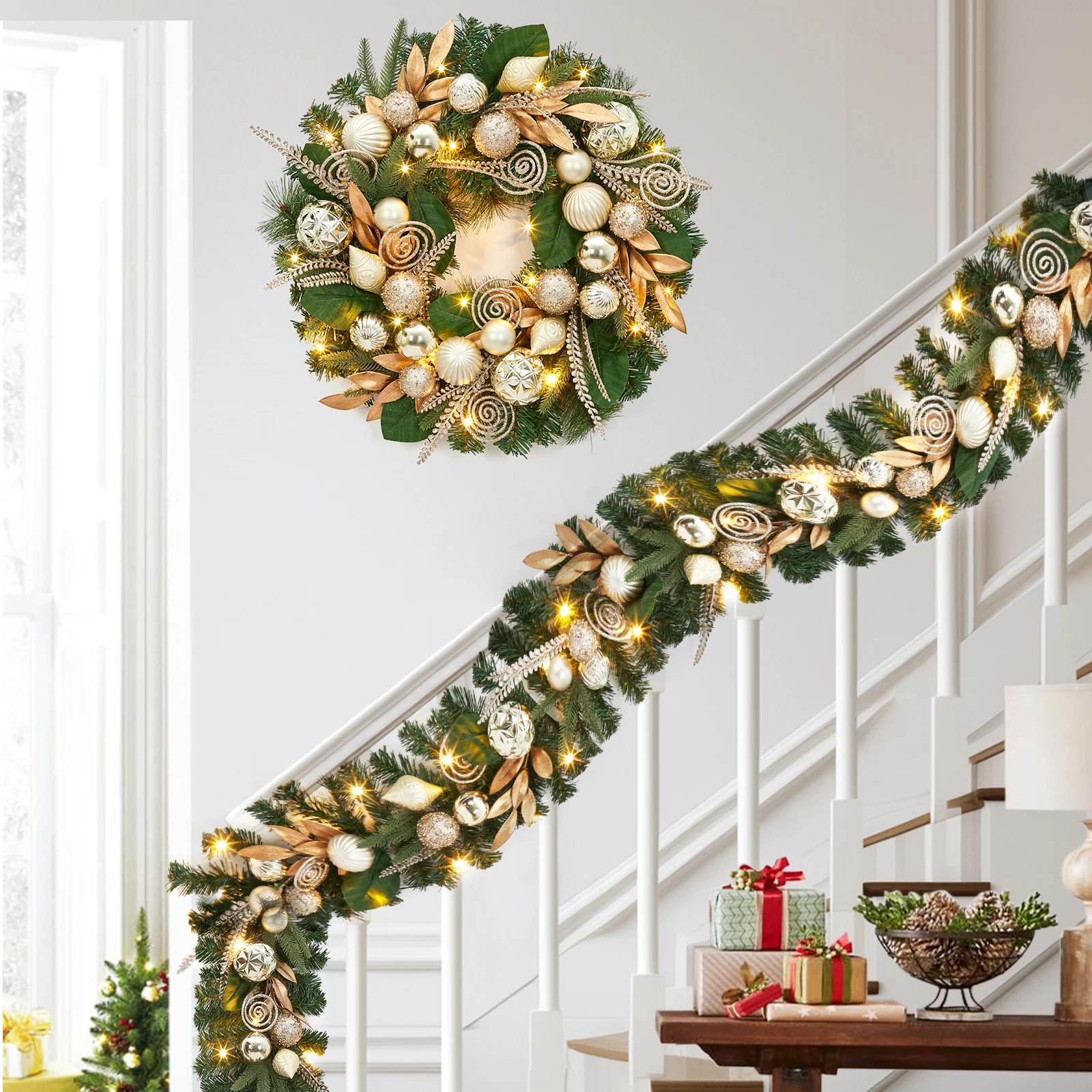 Pre-Lit Christmas Garland 6FT – 20 Warm White LED Lights – Artificial Pine with Gold Leaves & Ball Ornaments – Battery Powered, Waterproof – Indoor Outdoor Holiday Decoration for Mantle, Fireplace, Door, Stairs – Christmas Decor - view 5