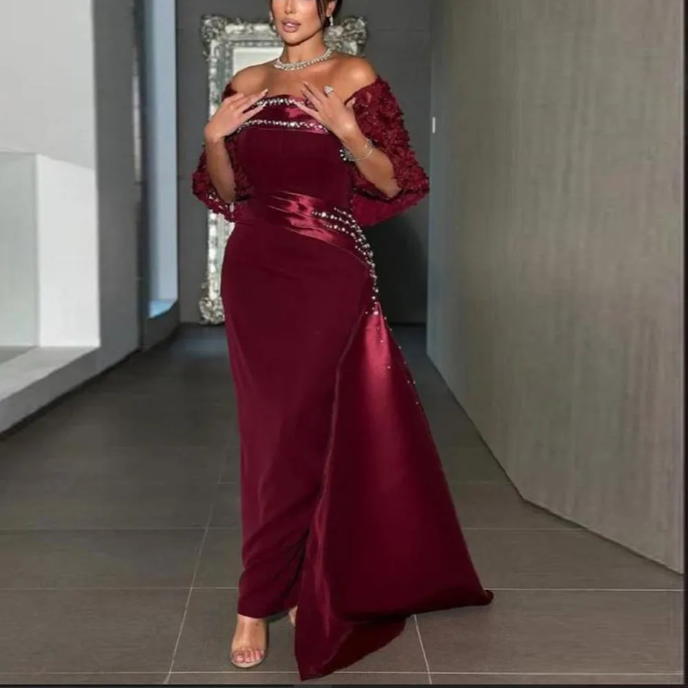 

Customized Burgundy Evening Dresses with Shawl Strapless Bodycon Birthday Party Gown Flower with Crystal Formal Wear