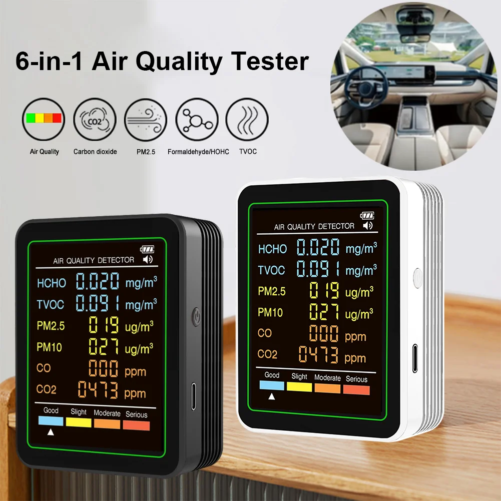 

6 in 1 Air Quality Monitor Carbon Dioxide Detector Formaldehyde Detection TVOC PM2.5 Temperature Humidity Tester for Home Office