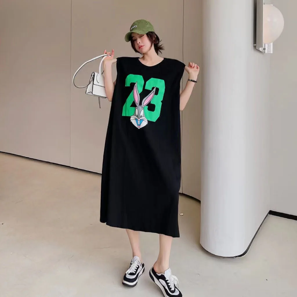 แฟชั่นO-คอพิมพ์สีตัวอักษรแขนกุดลําลองSundressเสื้อผ้าหญิง 2025 ฤดูร้อนหลวมAll-Matchเสื้อยืดชุด