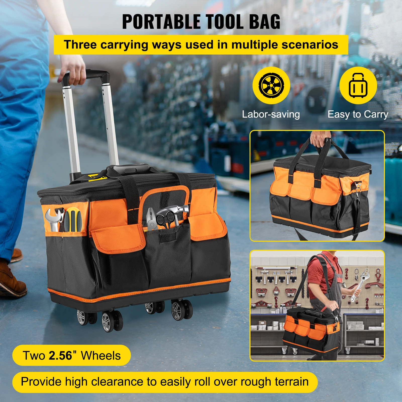 VEVOR Tool Bag Rolling Mobile Tool Bag Oxford Fabric Material with Telescoping Handle for Garden Electrician Tool Organization