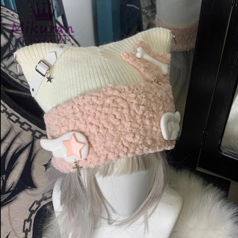 Gorro con alas de Ángel para mujer, gorro de punto cálido, estilo Harajuku, gótico, Lolita, Y2K, japonés, Estrella cruzada, hueso, oreja de gato,