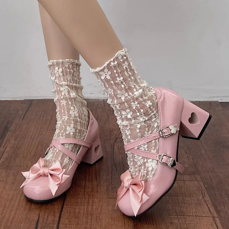 Patent Leather High Heels Pumps Women Sweet Pink Bowknot Cosplay Lolita Shoes Woman Bride Wedding Buckle Strap Mary Jane Pumps