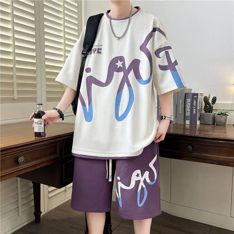 2024 Summer Men\'s Sets Korean Fashion Two Piece Set Tracksuit Men Trend Men Clothing Joggers Set T Shirt+Shorts Outfit Set Men