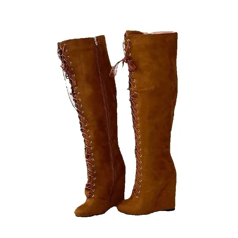 

Ahhlsion/Новое поступление, женские зимние сапоги до колена из искусственной замши, боковая молния на танкетке, туфли на каблуке с круглым носком, коричневые вечерние туфли, женские размеры США 5-20