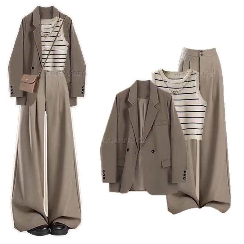 Professional suit, women's Korean suit jacket, striped camisole with high waist and wide leg pants, three piece set pant sets