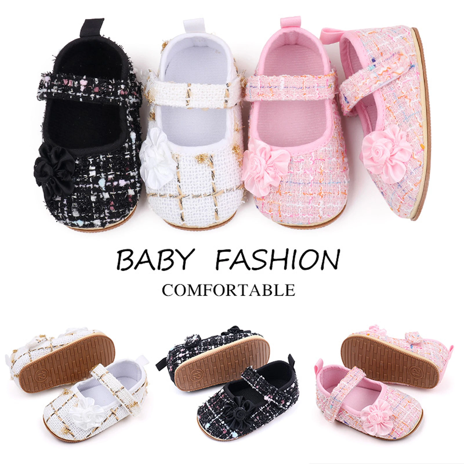 

Infant Baby Girls Princess Shoes Plaid Jacquard Soft Sole Cloth Crib Shoes Sneaker Mary Jane Flats