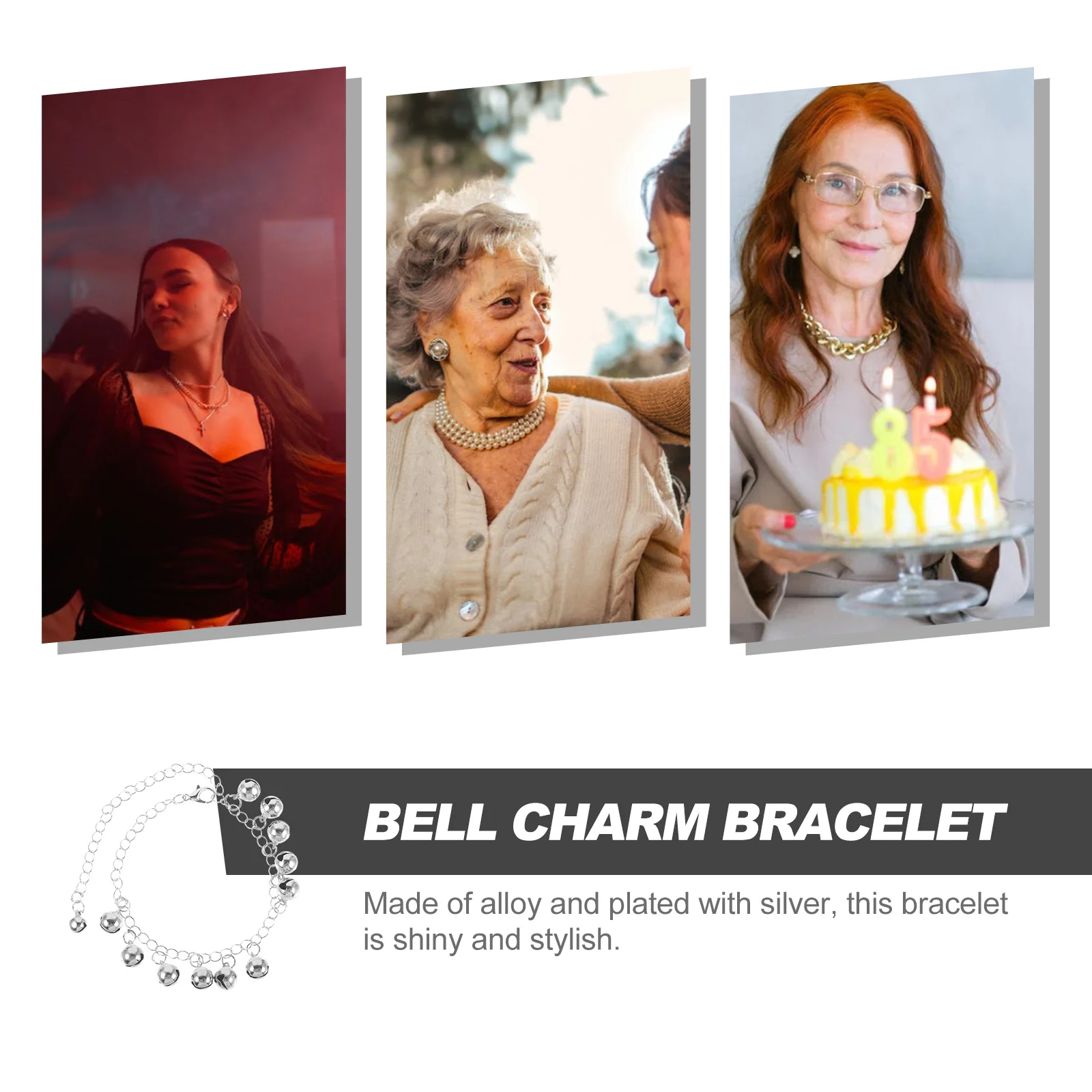 

Adjustable Ball Shape Silver Coated Bracelet Solid Link Chain with Bell Charm Wristband for Women Fashionable Shiny Accessory