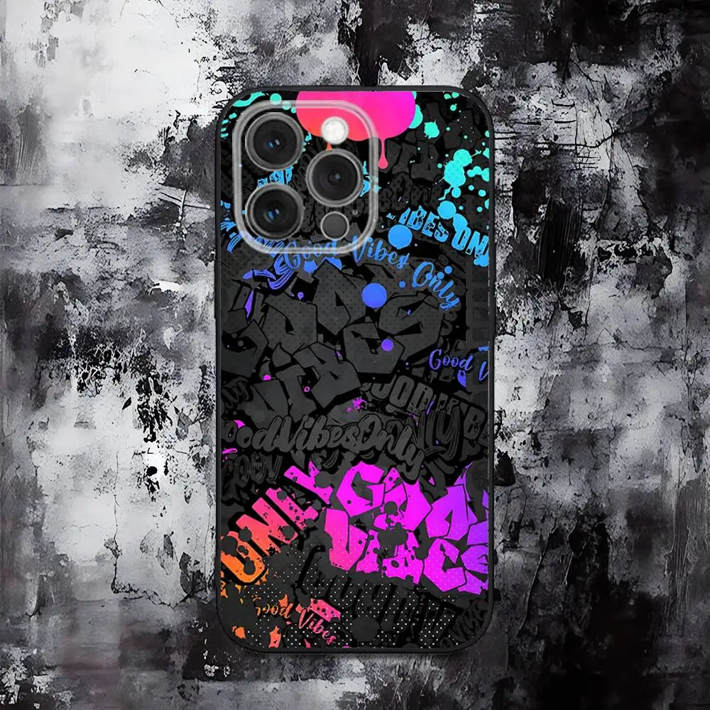 Cool Kleurrijke Graffiti Telefoonhoesje Voor iPhone 16,15,14,13,12,11,Pro,Max,Plus,X,XS,SE,E,Mini,Zachte Siliconen Zwart Case