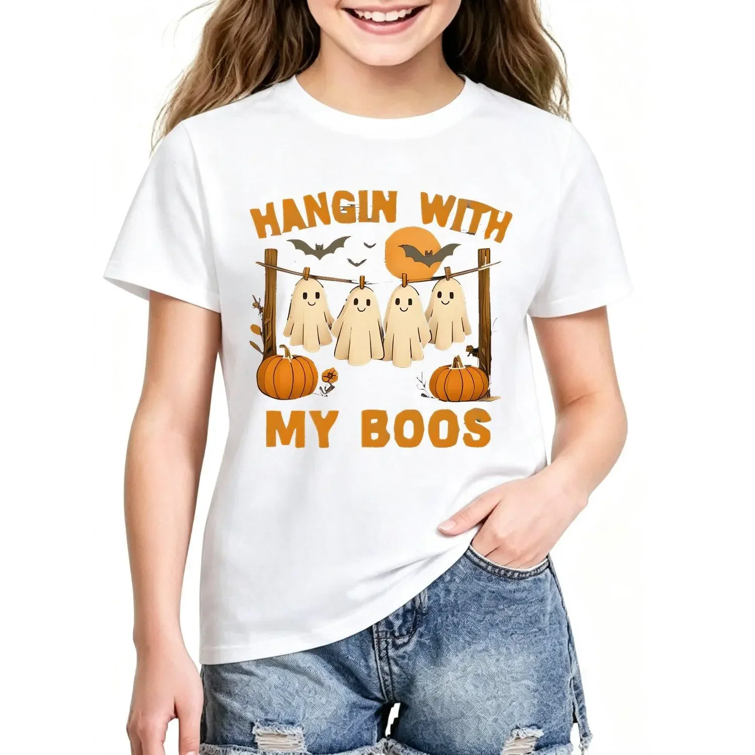 Girls T Shirts Soft Breathable Short Sleeve Crew Neck Tee with Cute Print Machine Washable Party Outfit Suitable for Halloween Party Daily Wear Spring Summer Casual Wear for Girls