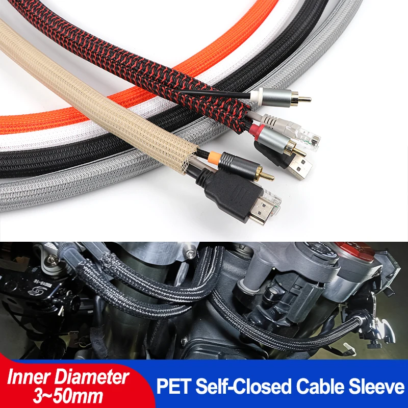3/5/10m Self-Closed Sleeve 3 5 8 10 13 16 19 25 32~50mm Flexible Wear Resistant PET Braid Insulated Split USB Cable Protect Wrap
