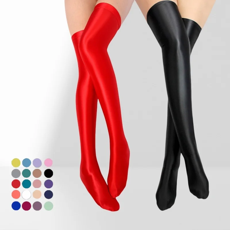 

Блестящие глянцевые чулки выше колена для женщин больших размеров, эластичные, сексуальные, шелковистые, длинные носки выше колена