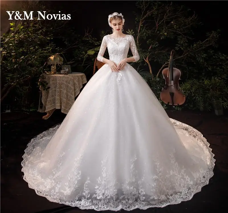 Y&M Novias New Luxury Long Lace Dresses Applique With Sleeve Royal Train princess Wedding Dress Embroidery Bride Dress Plus Size