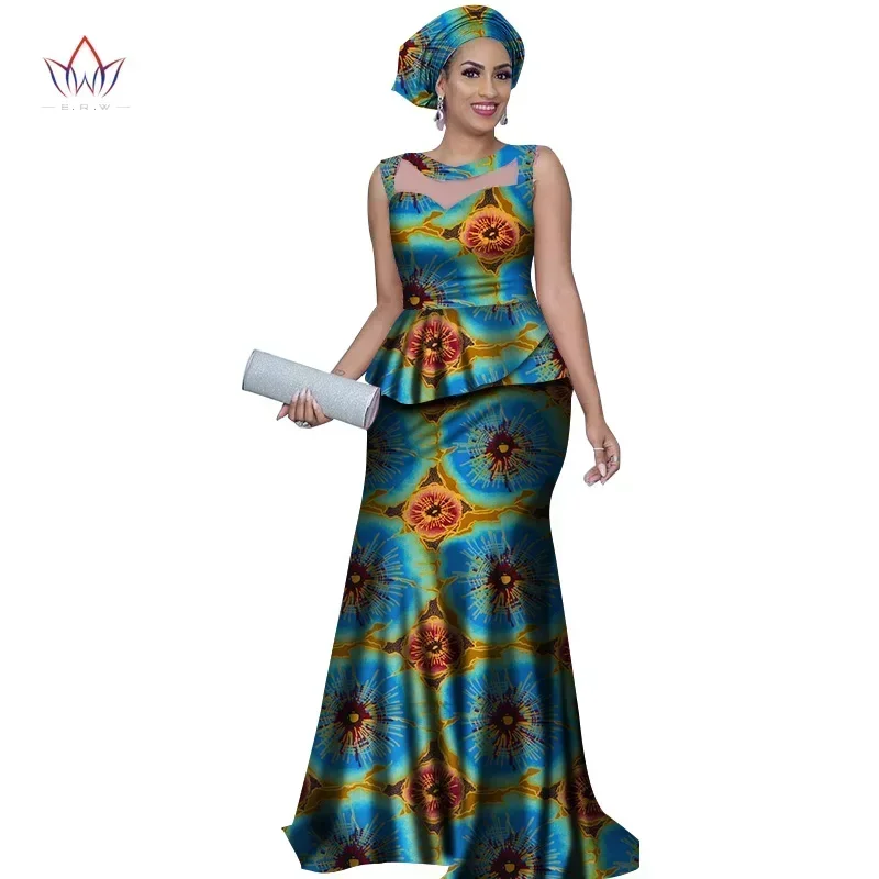 Women Top and Mermaid Skirt Sets with Headtie Bazin Riche African Print Dresses for Women 2 Pieces Skirts Sets Clothing WY2812