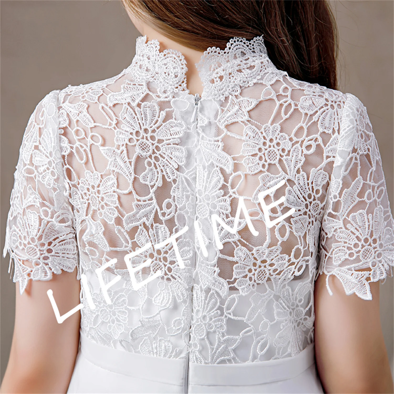 White High Neck Chiffon First Communion Dresses 2023 Lace Short Sleeves Junior Bridesmaid Gown Concert Birthday Party