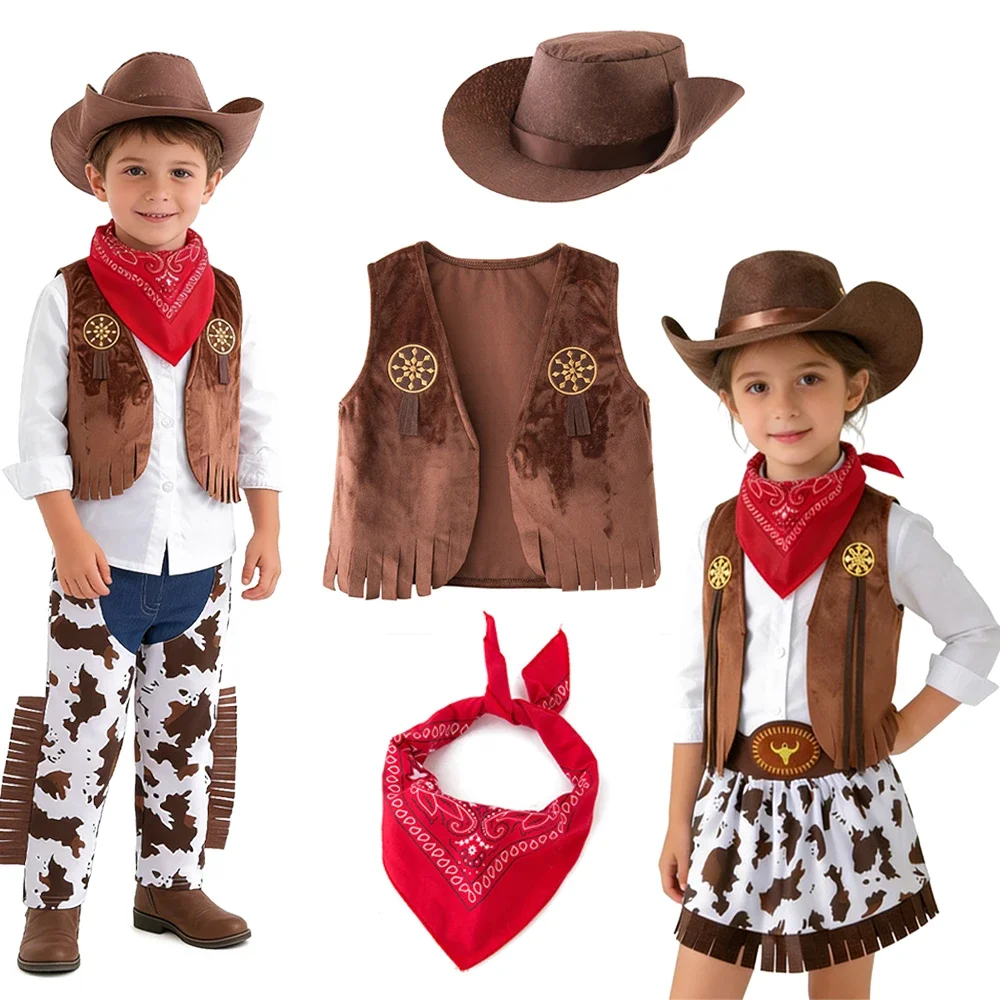 Cowboy Costume for Girls Purim Halloween Children Cowgirl Cosplay Vest Skirt Holiday Party Dress Carnival Birthday Clothes