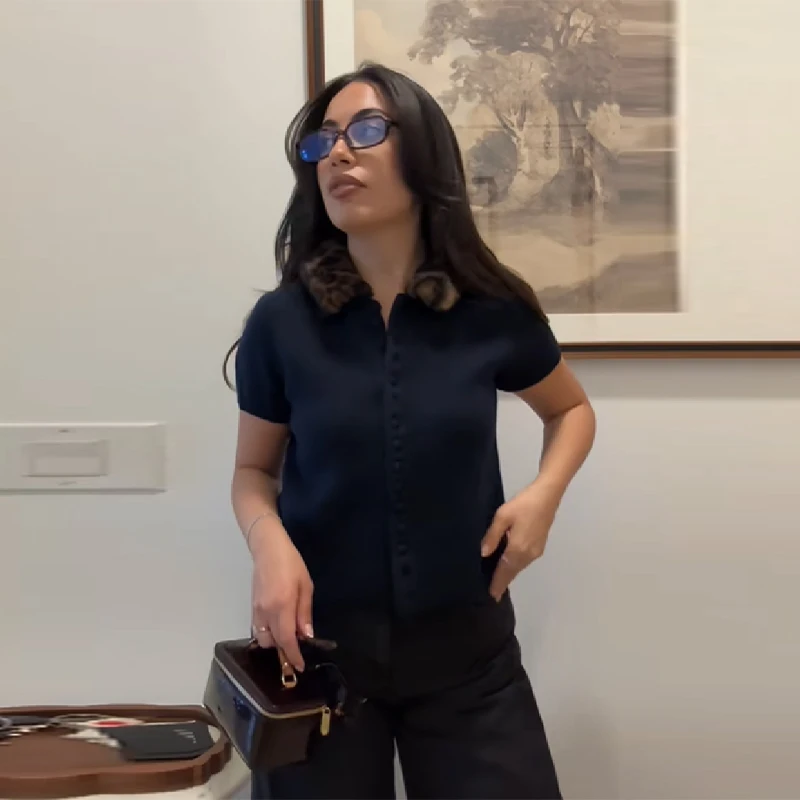 

Женские трикотажные топы с леопардовым принтом и короткими рукавами, темно-синий универсальный свитер, новая женская повседневная одежда