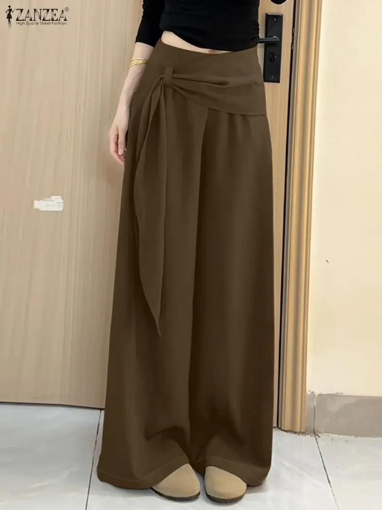 Damskie spodnie z szerokimi nogawkami, modne, eleganckie, z ozdobną wstążką, elastyczna wysoka talia, jednolite, luźne spodnie, odzież do pracy, spodnie damskie ZANZEA