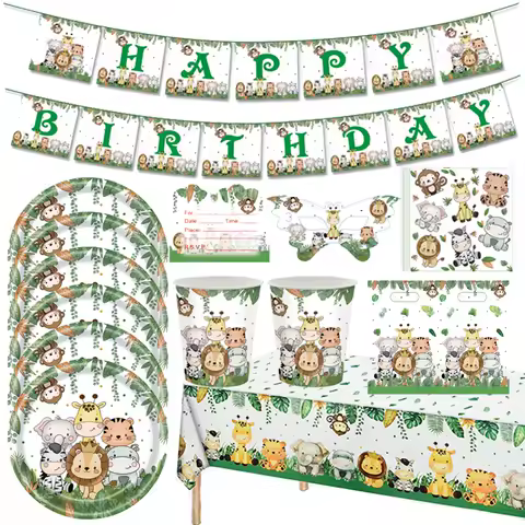 Jungle Animals Disposable Tableware Sets Tablecloth Cups Plate Kids Birthday Baby Shower 1st Birthday Safari Party Decoration