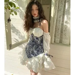 2023 Summer New Women's Pure Desire Sexy Spicy Girl Bra Dress Blue Waistband Skirt Flower Fluffy Skirt Clothes