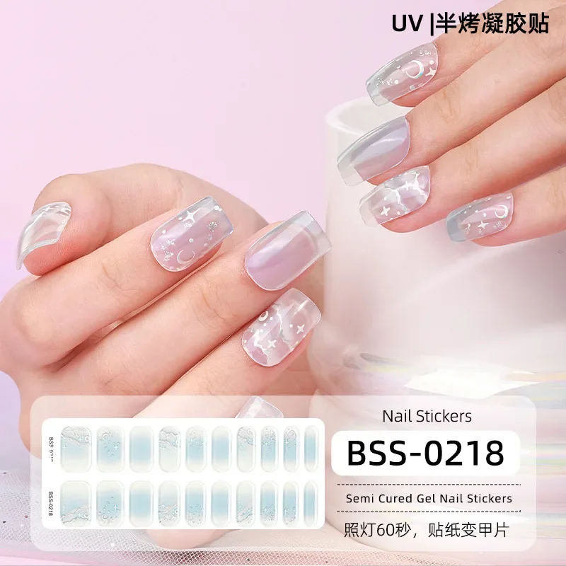 Pegatinas de uñas de Gel semicuradas, 16/20 puntas, parches de uñas francesas 3d impermeables, calcomanías de uñas de cubierta completa de larga duración, necesita lámpara UV