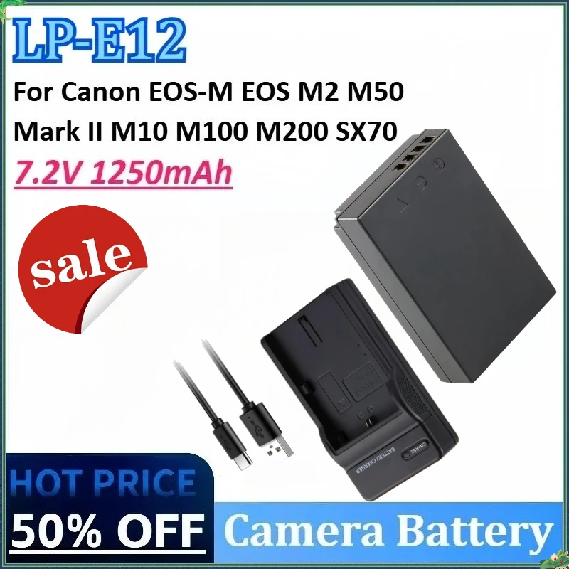 

LP-E12 LP E12 7.2V 1250mAh Camera Battery for Canon EOS-M EOS M50 M2 Mark II M100 M200 M10 SX70 HS Rebel SL1 with Type Charger