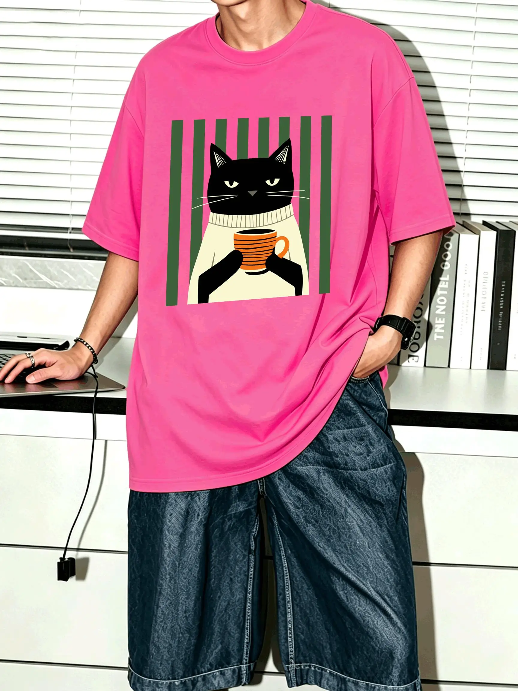 Black Cat Coffee Cup Printing Men'S T-Shirt Cotton Summer T Shirt Sport All-Match Short Sleeve Oversized Crewneck Streetwear
