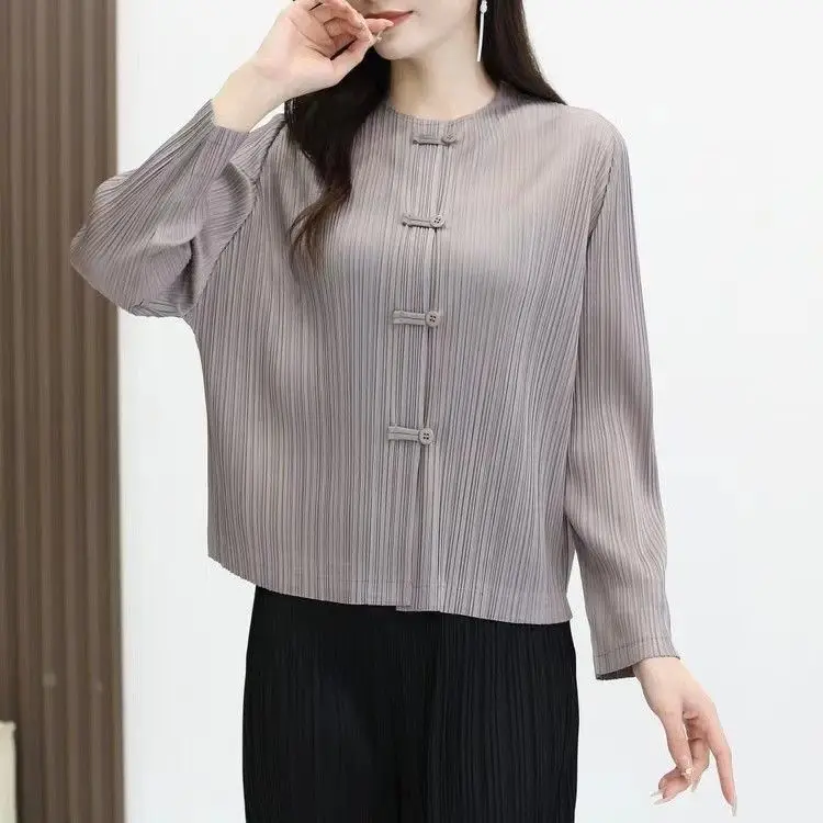 Pleated Spring and Autumn Chinoiserie Printed Shirt fashion woman blouse 2023 stylish stylish women's blouse