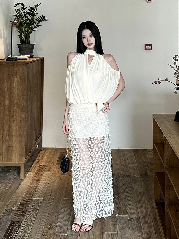 ReddaChic Women Layering Top Maxi Skirt Matching Set Sexy Laced Semi-sheer Maxi Bodycon Skirt Halter Blouse Fall New Costume view 6