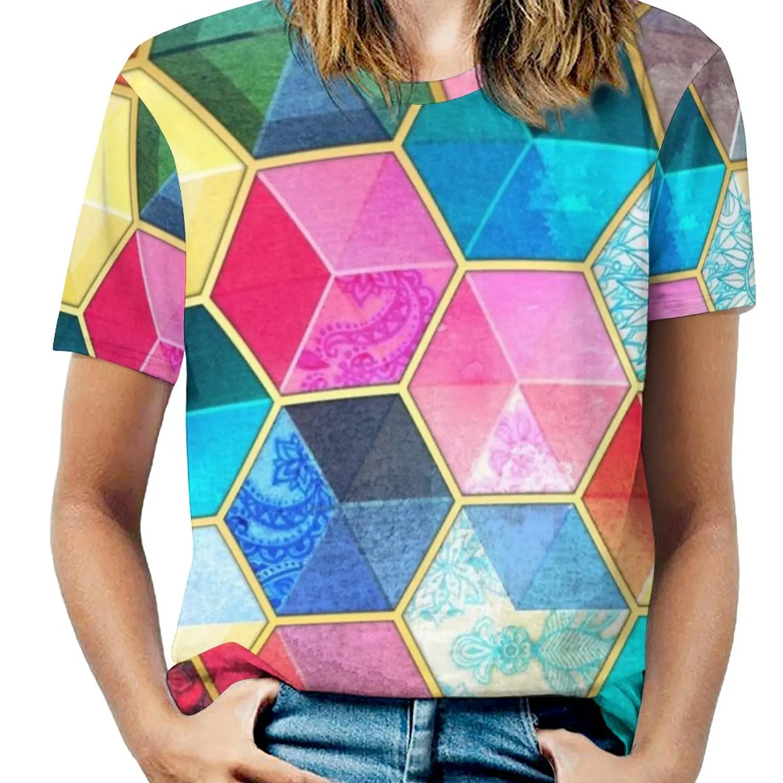 Crystal Bohemian Honeycomb Cubes-Colorful Hexagon Pattern Women T-Shirt Crewneck Casual Short Sleeve Tops Summer Tees Hexagon