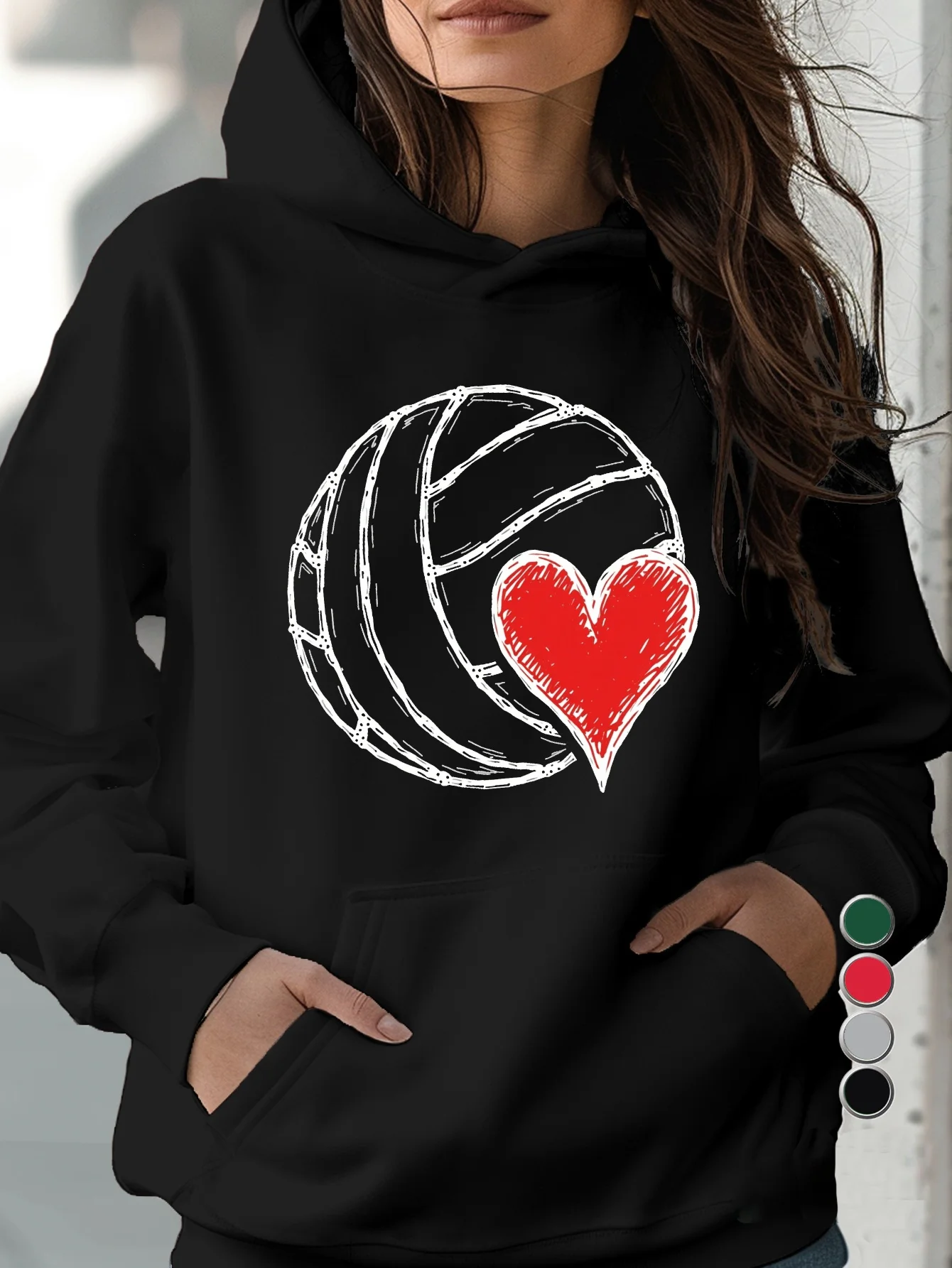 

Comfortable volleyball heart-shaped hooded shirt - Casual pullover, with front pocket, heart design and volleyball pattern