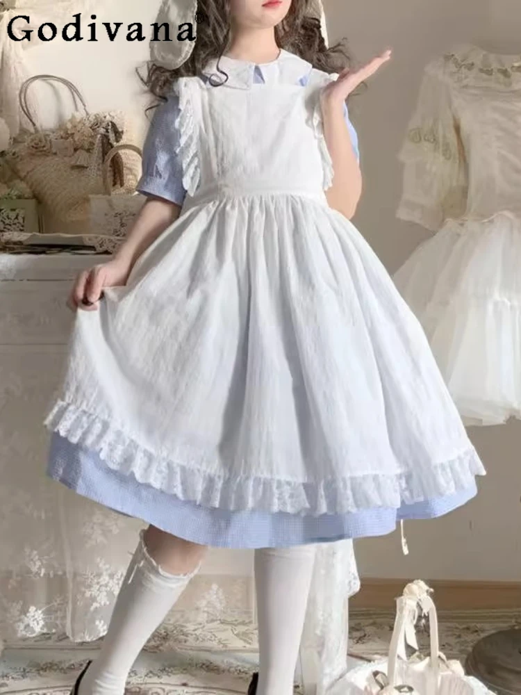 Abito bianco con cinturino grembiule Lolita con giunture in pizzo Lolita allentato Abito da donna a vita alta medio e lungo semplice e versatile